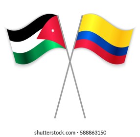 Jordanian and Colombian crossed flags. Jordan combined with Colombia isolated on white. Language learning, international business or travel concept.