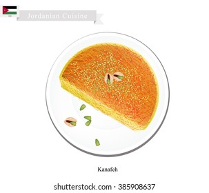 Jordanian Cuisine, Kanafeh or Traditional Levantine Cheese Pastry Topping with Pistachio Powder and Syrup. One of The Most Popular Dessert in Jordan.