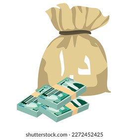 Ilustración del vector dinar jordano. Jordania, Cisjordania pusieron billetes en racimo. Bolsa de dinero 20 JOD. Estilo plano. Aislado sobre fondo blanco. Diseño sencillo y mínimo.
