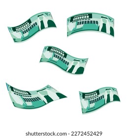 Jordanian Dinar Vector Illustration. Jordan, West Bank money set bundle banknotes. Falling, flying money 20 JOD. Flat style. Isolated on white background. Simple minimal design.