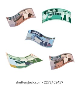 Jordanian Dinar Vector Illustration. Jordan, West Bank money set bundle banknotes. Falling, flying money 1, 10, 20, 50 JOD. Flat style. Isolated on white background. Simple minimal design.