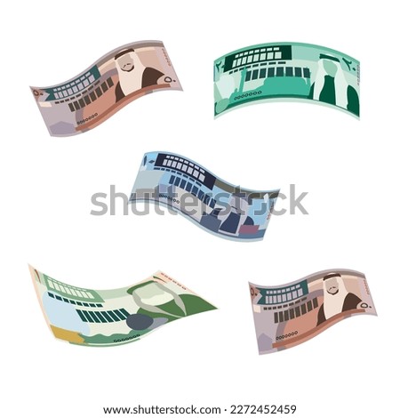 Jordanian Dinar Vector Illustration. Jordan, West Bank money set bundle banknotes. Falling, flying money 1, 10, 20, 50 JOD. Flat style. Isolated on white background. Simple minimal design.