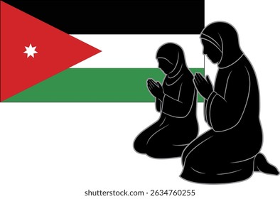 Bandeira jordaniana e uma mulher islâmica rezando