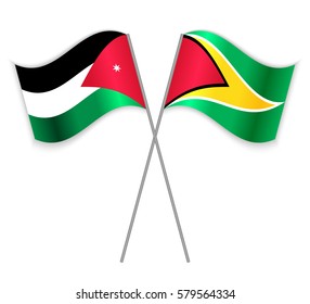 Jordanian and Guyanese crossed flags. Jordan combined with Guyana isolated on white. Language learning, international business or travel concept.
