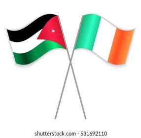 Jordanian and Irish crossed flags. Jordan combined with Ireland isolated on white. Language learning, international business or travel concept.