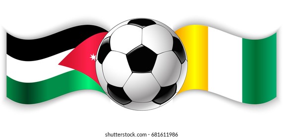 Jordanian and Ivorian wavy flags with football ball. Jordan combined with Ivory Coast isolated on white. Football match or international sport competition concept.