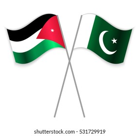 Jordanian and Pakistani crossed flags. Jordan combined with Pakistan isolated on white. Language learning, international business or travel concept.