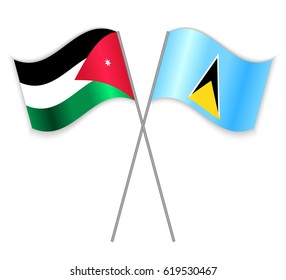 Jordanian and Saint Lucian crossed flags. Jordan combined with Saint Lucia isolated on white. Language learning, international business or travel concept.