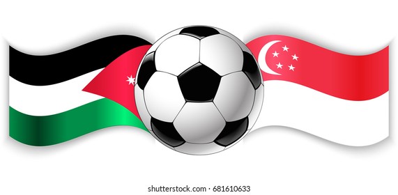 Jordanian and Singaporean wavy flags with football ball. Jordan combined with Singapore isolated on white. Football match or international sport competition concept.