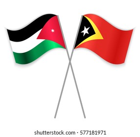 Jordanian and Timorese crossed flags. Jordan combined with East Timor isolated on white. Language learning, international business or travel concept.