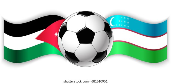 Jordanian and Uzbek wavy flags with football ball. Jordan combined with Uzbekistan isolated on white. Football match or international sport competition concept.