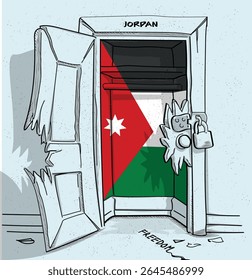 O caminho da liberdade na Jordânia. Ilustração política de uma porta quebrada, mas trancada, com a bandeira nacional. Uma metáfora para luta e esperança.