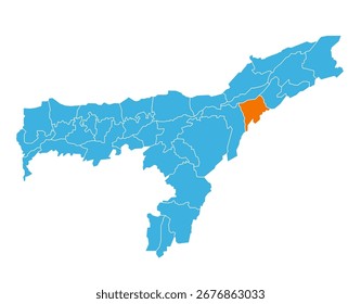 Distrito de Jorhat destacado en el mapa del estado de Assam, India