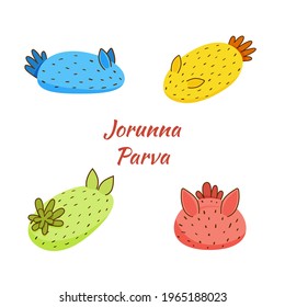 Jorunna Parva vector set. Cute colorful sea slugs isolated on white background