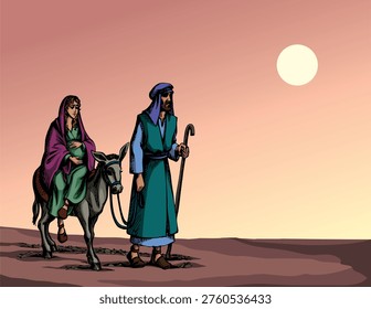 Josef lead happy Maria advent new holy saint kid couple go ride run mule animal flee east Israel desert isolated white star night sky. Hand drawn old merry Xmas come eve escape story retro sketch art cartoon faith scene islam worship sign icon symbol