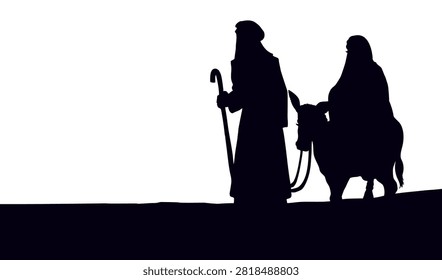 Josef lead happy Maria advent new holy saint kid couple go ride run mule animal flee east Israel desert isolated white star night sky. Hand drawn old merry Xmas come eve escape story retro sketch art cartoon faith scene islam worship sign icon symbol