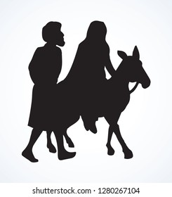 Josef and Maria on animal go ride to Egypt. Dark black ink hand drawn old merry xmas come eve story icon on white sky background for text.  Logo sign emblem in retro art contour engraved print style