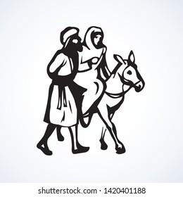 Josef and Maria on animal go ride to Egypt on light white sky background for text. Line black hand drawn old merry xmas come eve story sign icon logo pictogram sketch in retro art doodle cartoon style