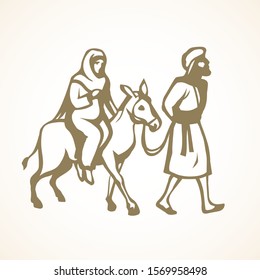 Josef and Maria on animal go ride desert to Egypt on light white sky text background. Line black hand drawn old merry xmas come eve story sign icon logo emblem sketch in retro art doodle cartoon style