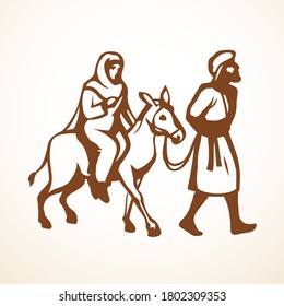 Josef and Maria on animal go ride desert to Egypt on light white sky text background. Line black hand drawn old merry xmas come eve story sign icon logo emblem sketch in retro art doodle cartoon style
