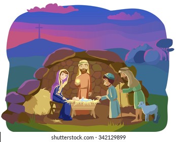 Josef, Mary and the Baby in the manger.Shepherds came to worship the King. Signs od Christ mission on Earth: opened cave and the cross.