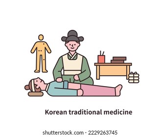 A Joseon Dynasty doctor is putting acupuncture on a patient. There are oriental medicine related objects around him.