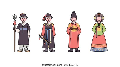 Joseon, una antigua nación coreana. Carácter en oficial de policía, capitán de policía, rey y disfraz de reina. ilustración simple del vector de esquema.