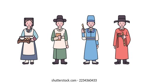 Joseon, an old Korean nation. Characters of nurse, doctor, painter, musician costume. outline simple vector illustration.