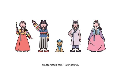 Joseon, una antigua nación coreana. Niños usando hanbok básico y niños usando hanbok de invierno. y cachorro. ilustración simple del vector de esquema.