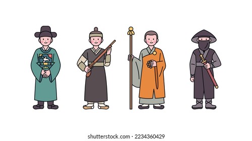 Joseon, una antigua nación coreana. Personajes de Clerk, Hunter, Monk y Assassin. ilustración simple del vector de esquema.