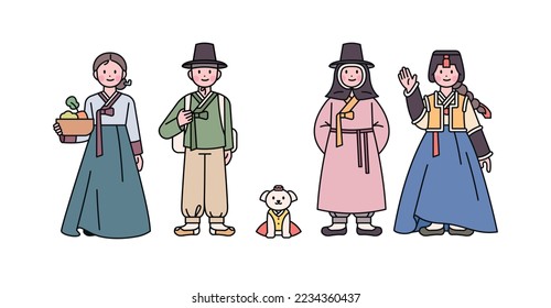 Joseon, an old Korean nation. A man and a woman wearing basic hanbok, a man and a woman wearing winter hanbok, and a dog. outline simple vector illustration.