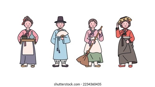 Joseon, una antigua nación coreana. Propietario del pub, hombre desempleado, sirviente, personajes de disfraces de artistas. ilustración simple del vector de esquema.