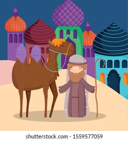 joseph with camel in the village manger nativity, merry christmas vector illustration