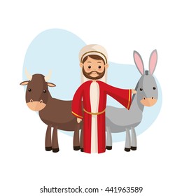 Joseph and farm animals icon. Merry Christmas design. Vector gra