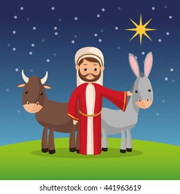 Joseph and farm animals icon. Merry Christmas design. Vector gra