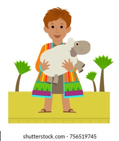 Joseph with his colorful coat holding a sheep in his arms. Esp 10