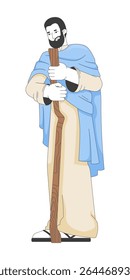 Joseph holding wooden staff 2D cartoon bible character. Biblical kind guardian. Spiritual leader shepherd humble man standing flat vector person isolated on white. Spot illustration colorful
