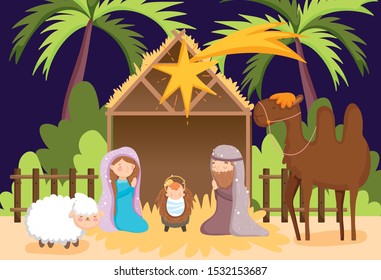 Joseph and Mary, baby Jesus, camel and sheep manger, nativity. vector illustration.