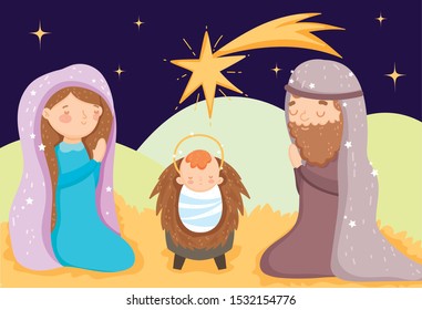 Joseph and Mary and baby Jesus star night nativity. Merry christmas vector illustration.