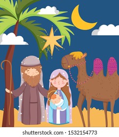 Joseph, Mary carrying baby and camel desert. Moon, star, nativity. vector illustration.