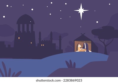 Joseph And Mary Cradle Baby Jesus In A Stable at Starry Night Biblical Scene Is Symbolic Of The Birth Of Christ