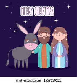 joseph and mary with donkey manger nativity, merry christmas vector illustration