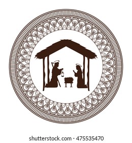 joseph mary holy family merry christmas frame icon. Black white isolated design. Vector illustration