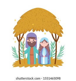 joseph and mary hut desert manger nativity, merry christmas vector illustration