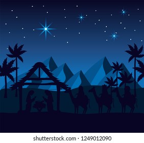 joseph and mary with jesus in the manger and mountains desert