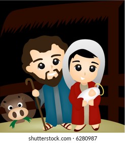 Joseph, Mary and Jesus in the stable - Vector