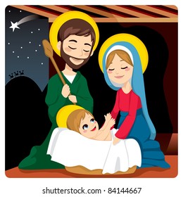 Joseph and Mary joyful with baby Jesus laughing and three wise kings on the horizon following the Star of Bethlehem