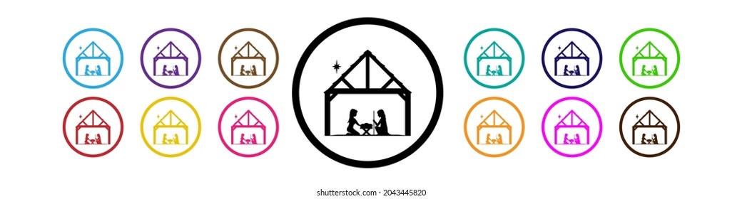 Joseph and Mary in the manger near the birth of Jesus. Icon in different colors on a white background.