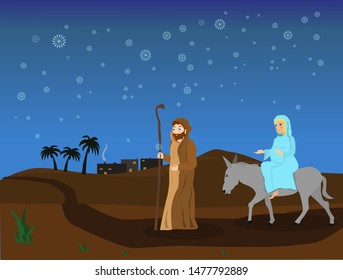 Joseph and Mary on a journey by birth as Jesus snows