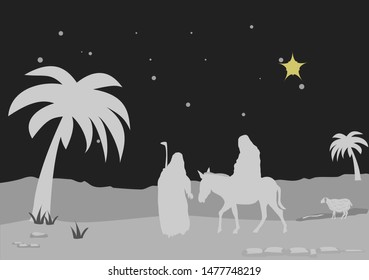 Joseph and Mary on a journey through Jesus birth. black White
